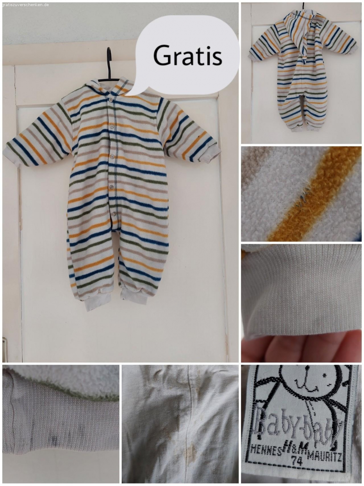 Overall Strampler gr. 74 H&M. verschenke einen Strampler in gr. 74 von H&M. 

Wie man sehen kann sind leider größere Flecken vorhanden. 

Versand möglich ( DHL Päckchen ab 3,99€ )

Dieses können Sie gerne über Paypal zahlen.

möchten Sie Versichert versendet haben und mit Käuferschutz die Versandkosten tragen? Dann wäre der Versand 6,99€ DHL Paket. 

Tier und Raucherhaushalt 

Keine Reservierung 

Bei weiteren Fragen gerne Fragen